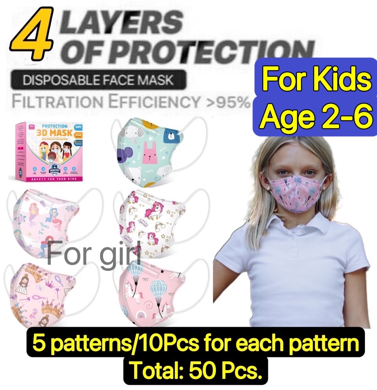 50Pcs Cartoon Kids BFE 95% Protective 4 Layer Disposable Face Mask For Boy Girls