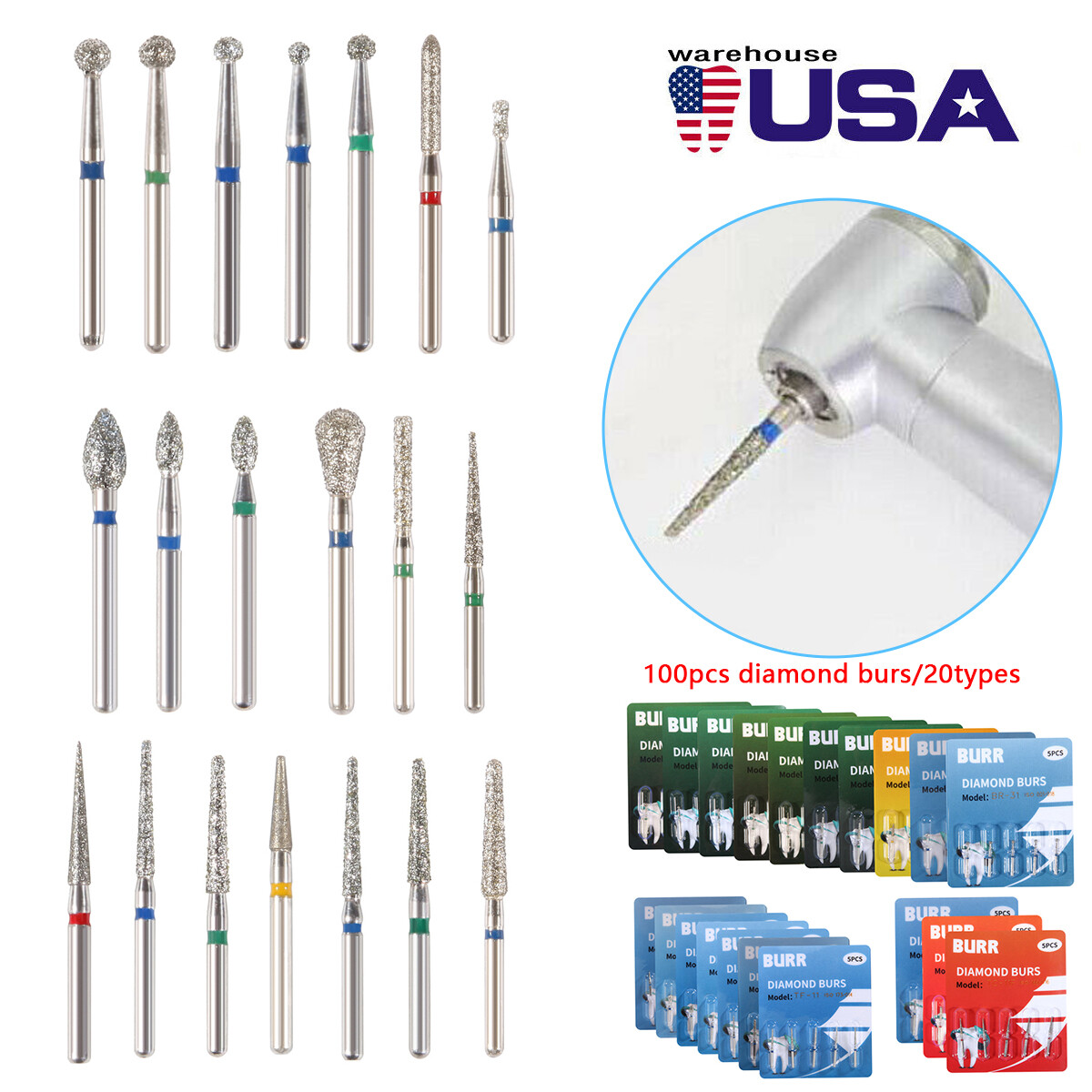 100pcs Dental Diamond Burs FG 1.6mm 20 Types for High Speed Handpiece Tubine