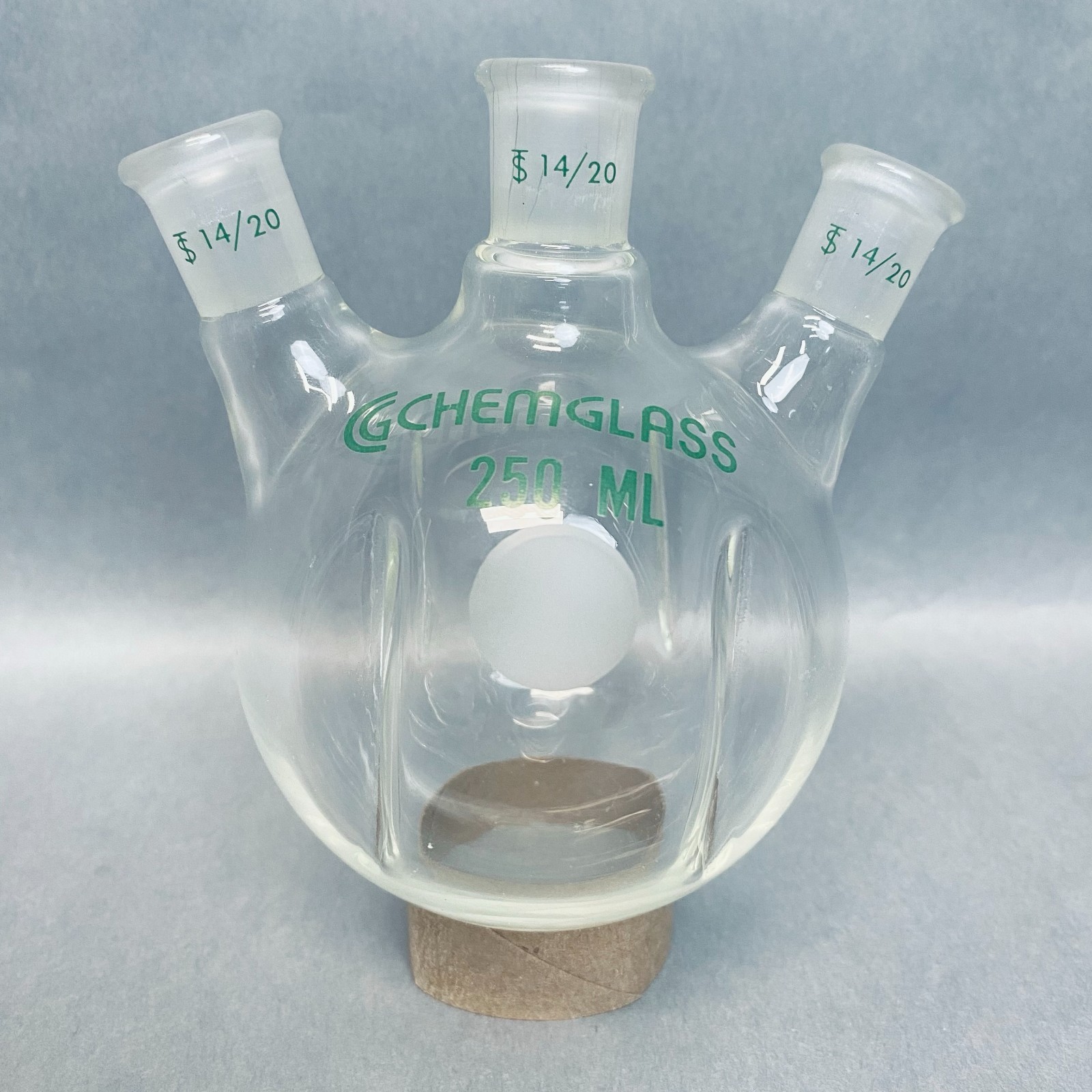 Chemglass Round Bottom 250 ml 3 Neck Flask 14/20 STJ Angled with Morton Indents