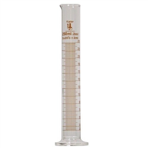 250ml Graduated Cylinder, Glass, Round, Karter Scientific 412G1 (Pack 20)