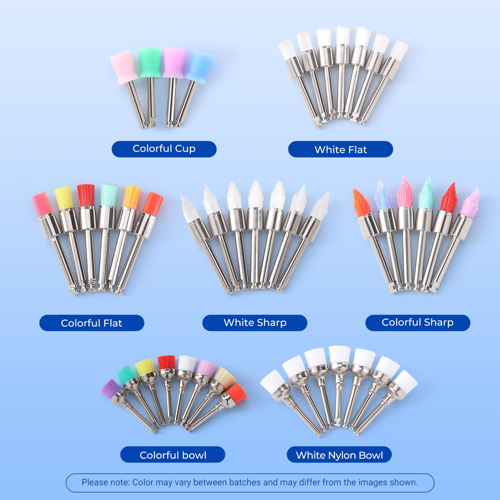 JMU Dental White/Colorful Nylon Latch Flat Polishing Polisher Prophy Brushes