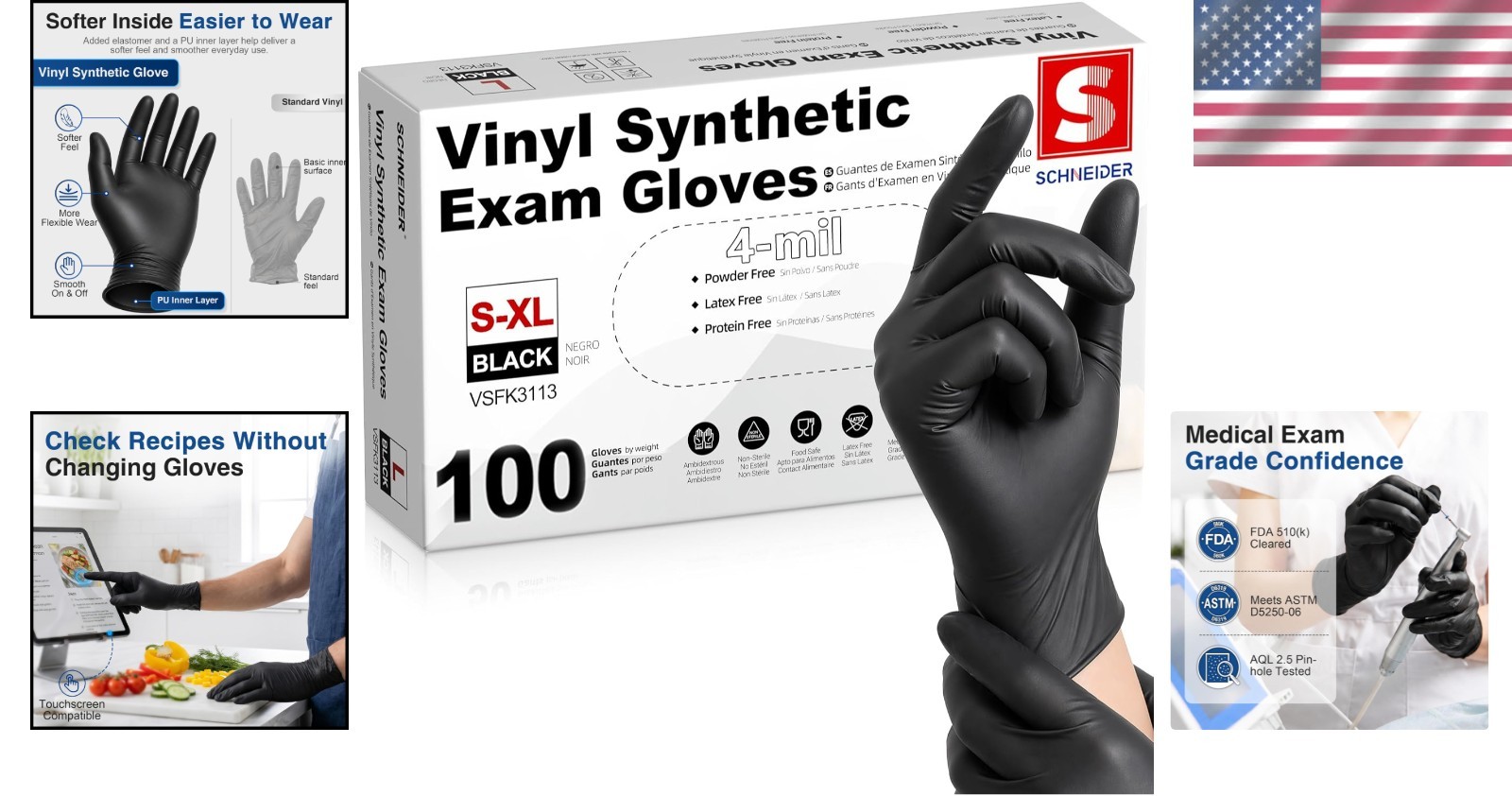 4 Mil Black Vinyl Exam Gloves, Large Disposable Pack of 100 – Latex-Free