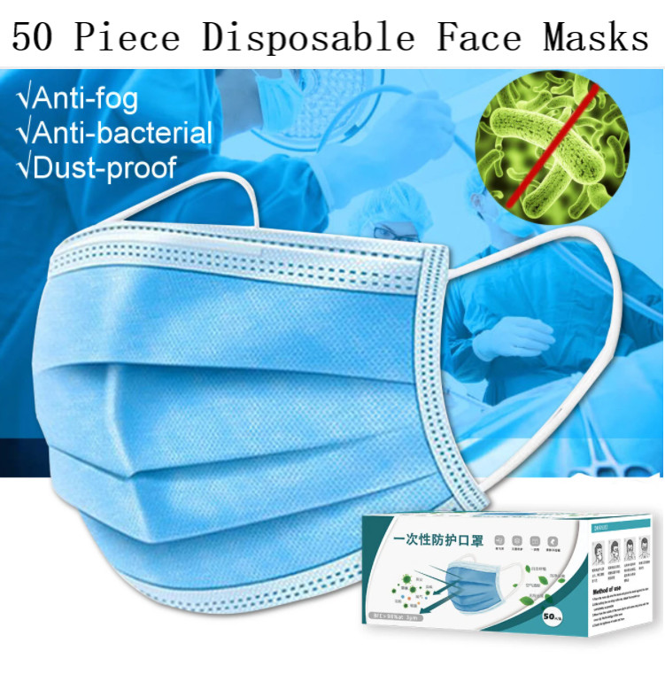 50PCS 3 Layers Disposable Face Masks Breathable Blue Elastic Earloop Safety Mask