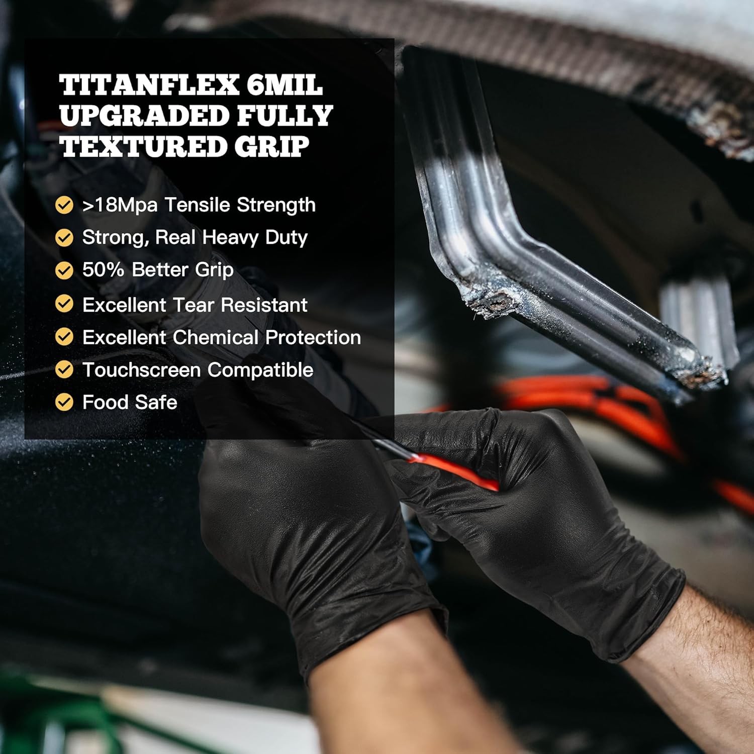 TitanFlex Heavy Duty Black Nitrile Gloves, 6 Mil, Fully Textured, Mechanic Dispo
