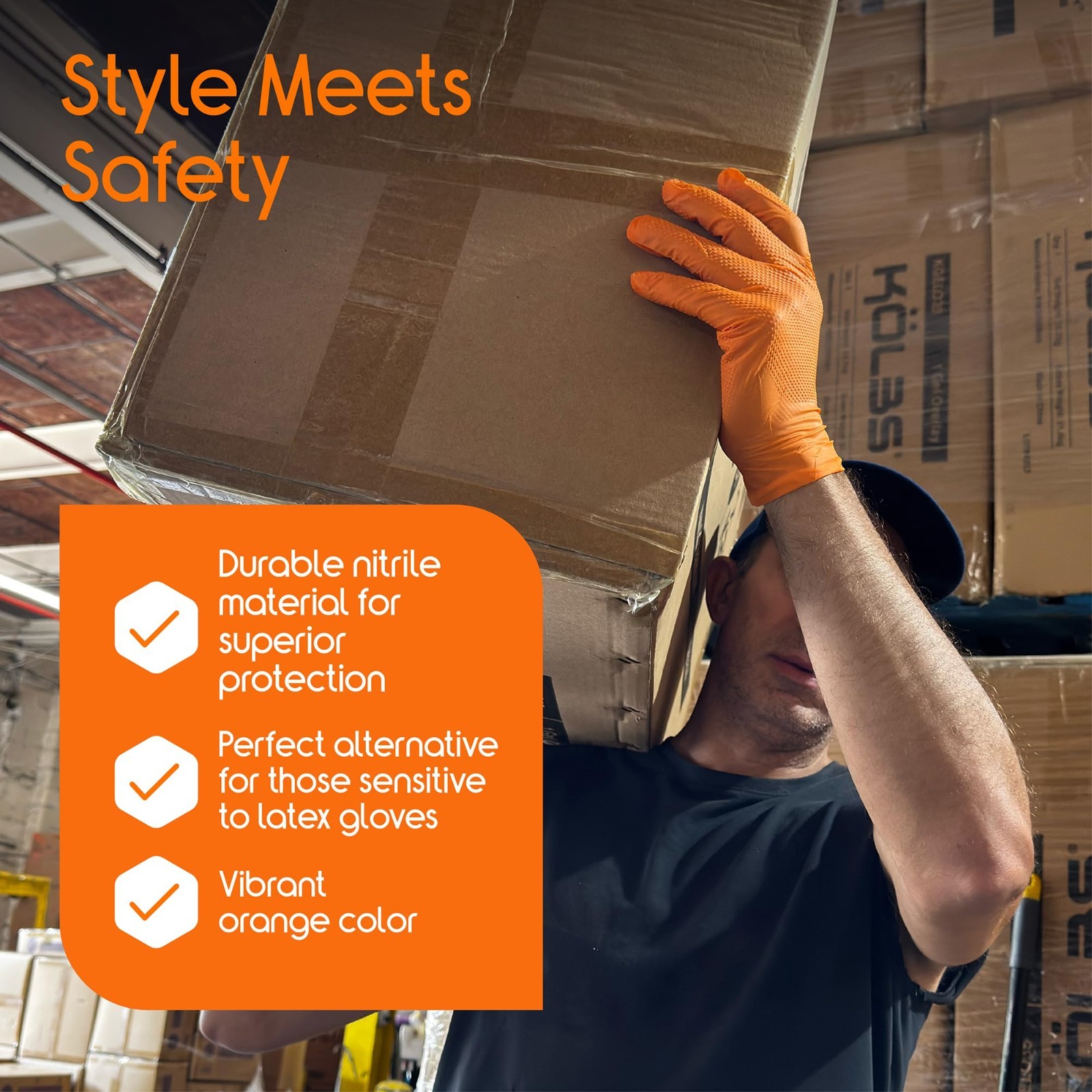 Heavy Duty Orange Nitrile Gloves | 8 Mil Diamond Textured Grip | Industrial Mech