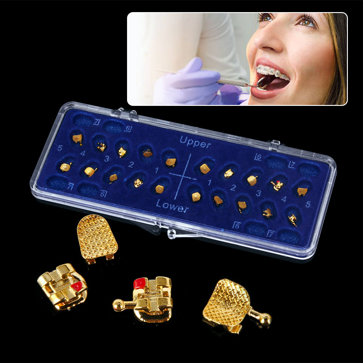 AZDENT Dental Orthodontic Metal Brackets 24K Gold Coated Mini Roth 022 Hooks 345