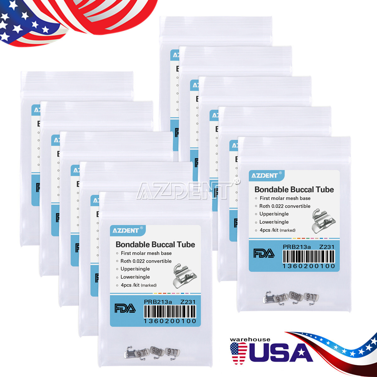 10X AZDENT Dental Ortho 1st/2nd Molar Buccal Tube Bondable Roth/MBT 022 018 Tube