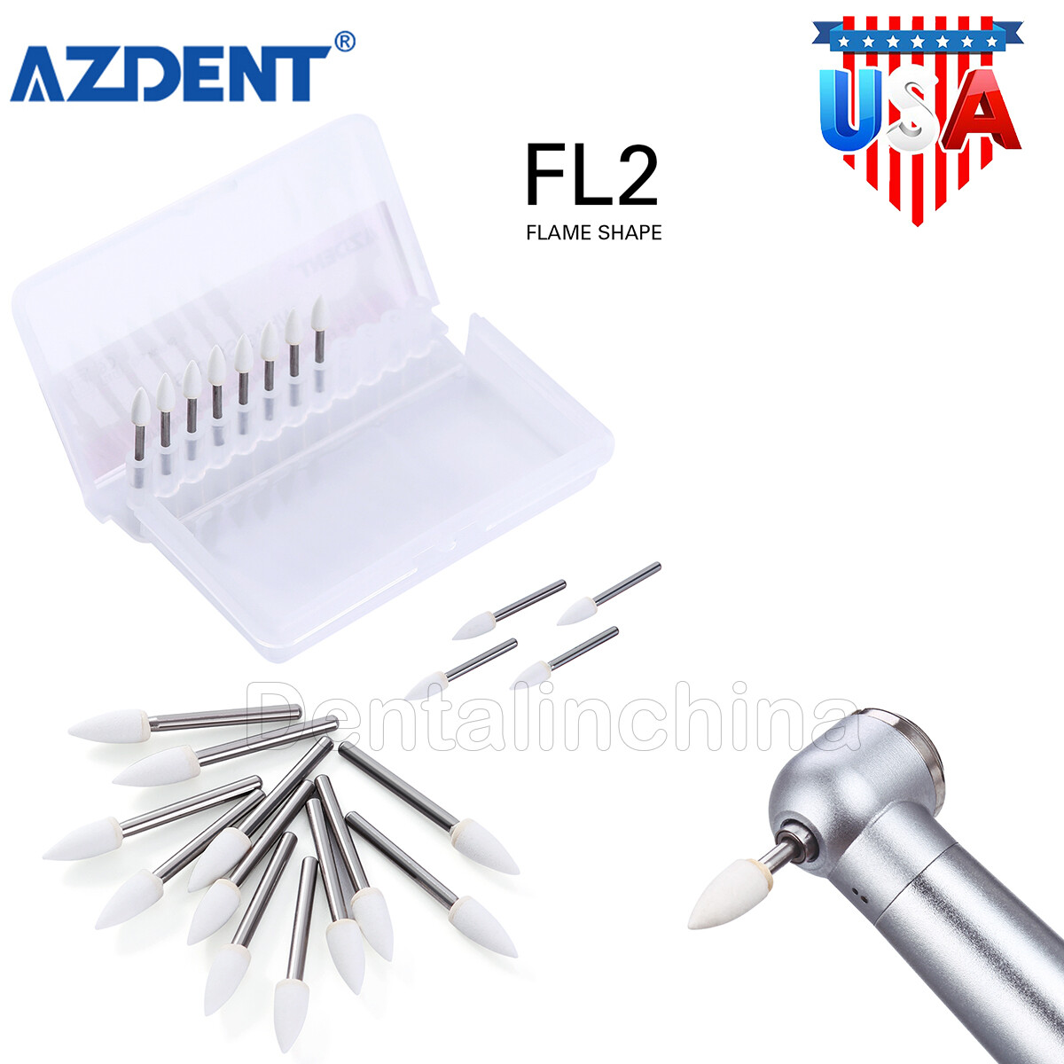 AZDENT Dental White Stone Polishing Burs Flame Mounted FG Abrasion Point Burs