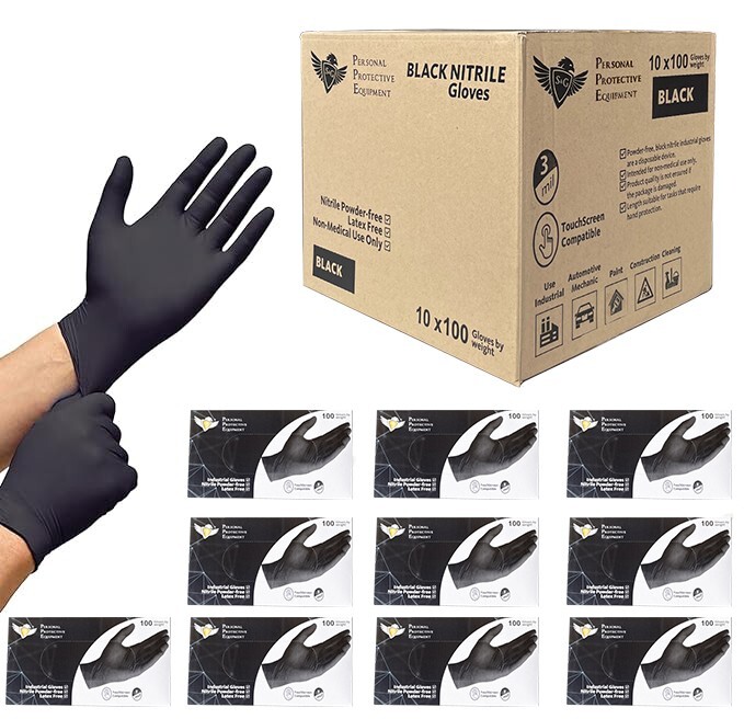 S&G Black Nitrile Gloves Latex Powder Free 3 Mil 1000pcs XS/S/M/L/XL