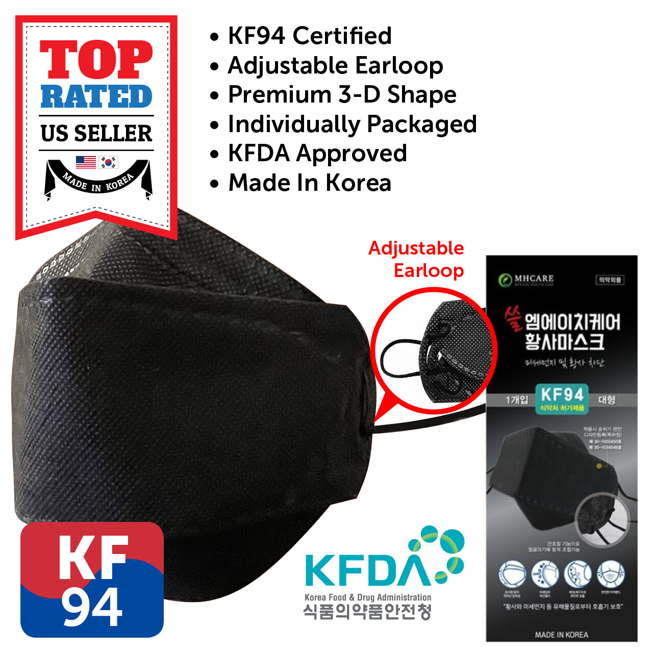 50 PCS KF94 BLACK Protective Face Mask Adult Made in Korea KFDA Approved HMCARE