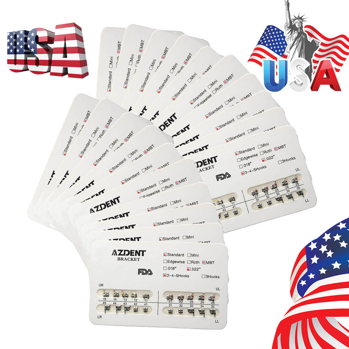 20Packs AZDENT Dental Metal Brackets Standard MBT Slot .022 Hooks 345 20pcs/pack