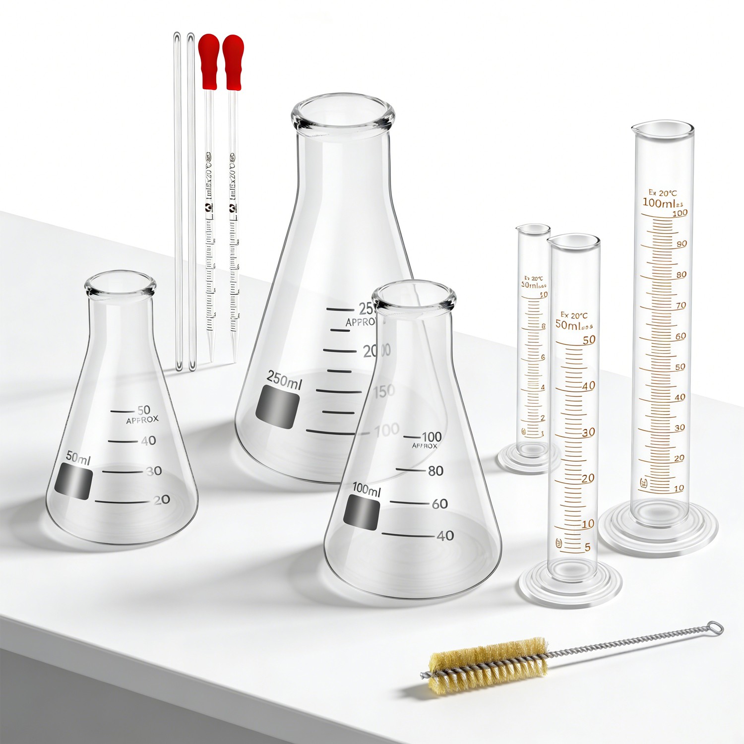 11Pcs Lab Flask Glass Measuring Glass Set: Flask& Cylinders with Stirring Rod