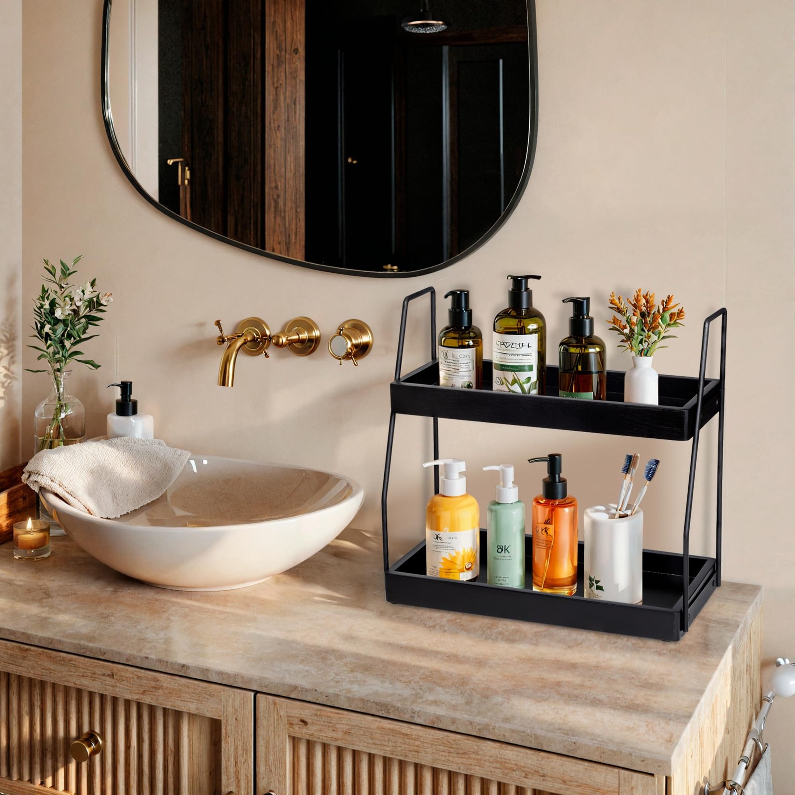 Acacia 2-Tier Wood Bathroom Countertop Organizer Shelf 13.6x14x6.7″