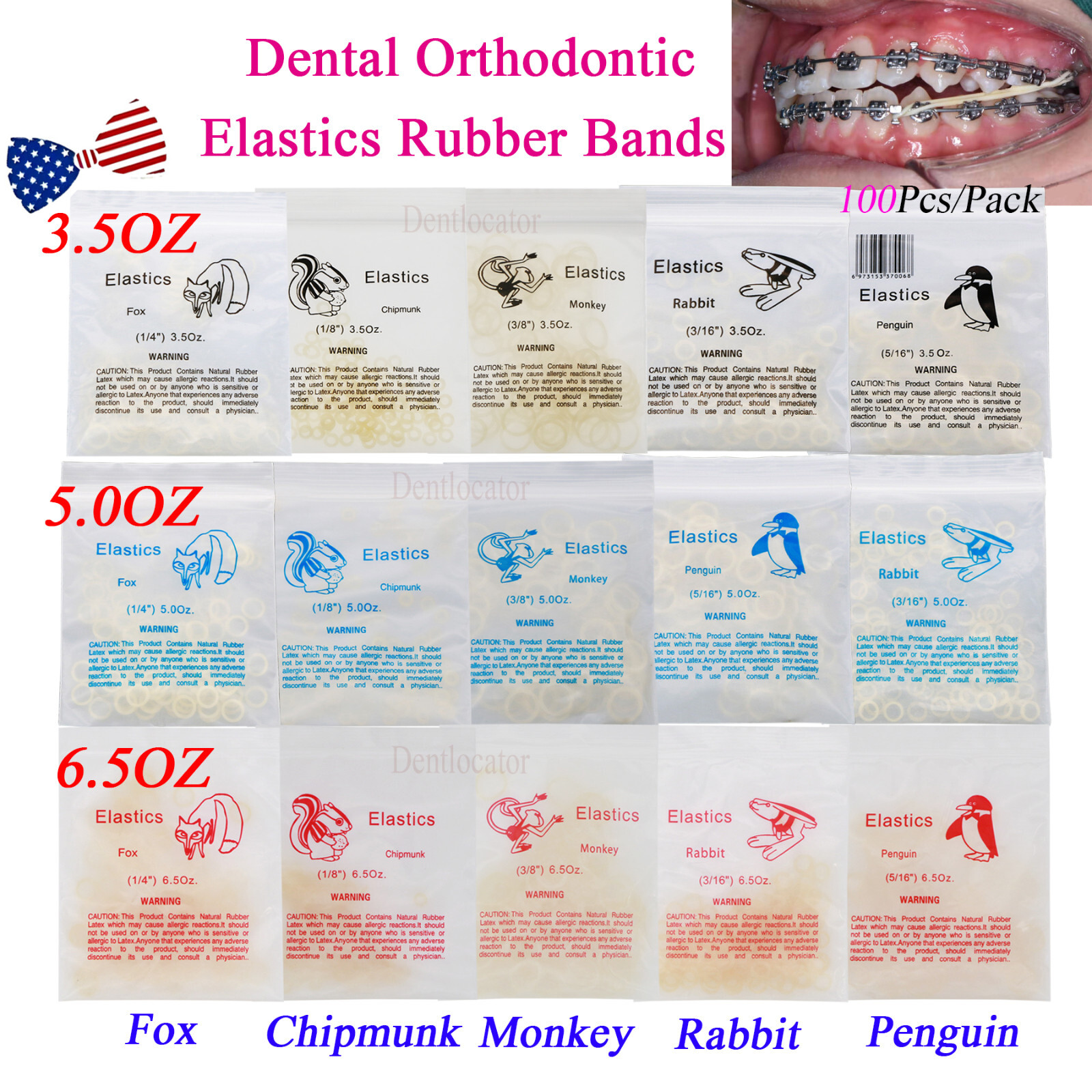US Dental Orthodontic Rubber Bands Ortho Elastics Latex Brace 15 Size For Choice