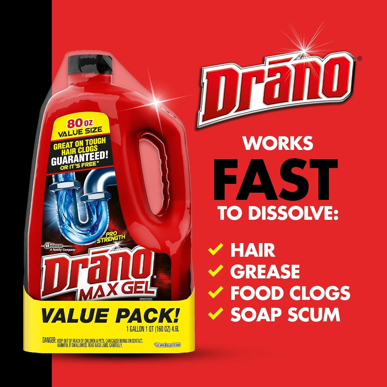 Drano Max Gel Drain Clog Remover and Cleaner for Shower 80 Fl Oz (Pack of 2)