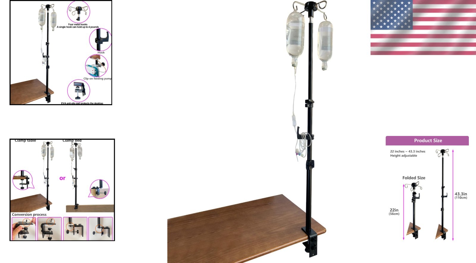 Table IV Pole, Portable Poles for Travel, Foldable Pole Black With Hook