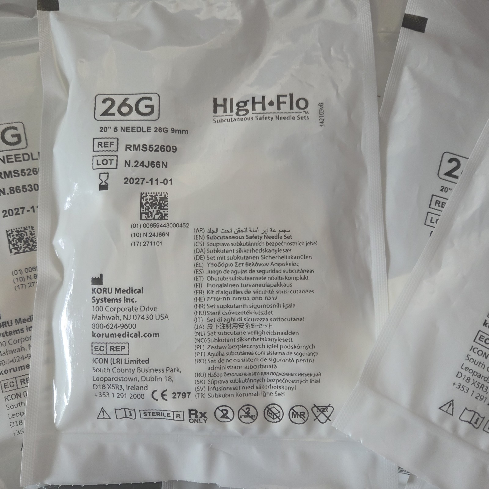 Lot of 8 Koru HIgH-Flo Subcutaneous Safety Needle Sets 26G 9mm 20″ EXP 2027