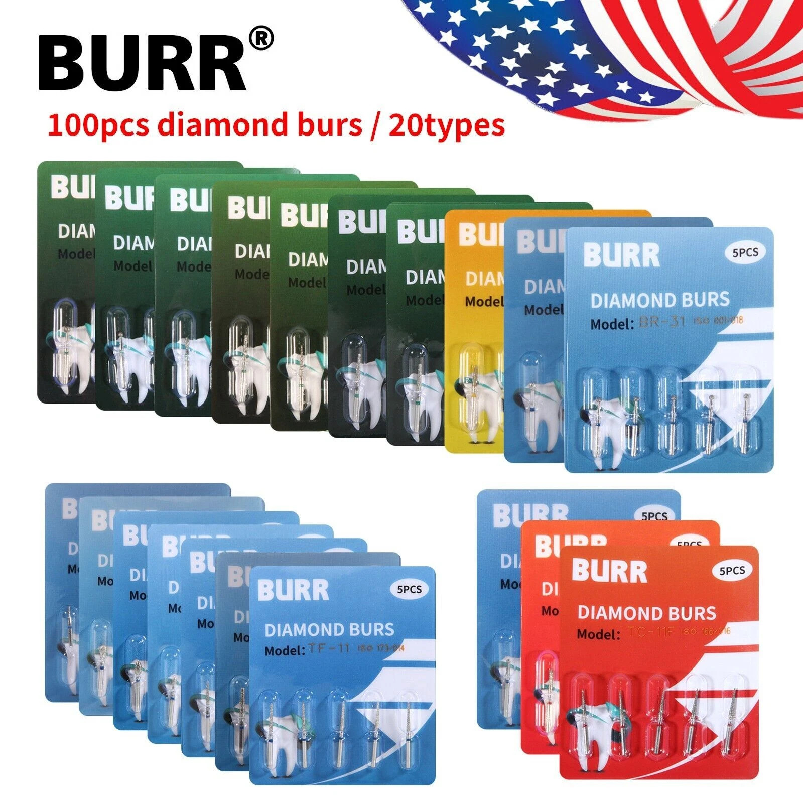 100pcs Dental Diamond Burs FG 1.6mm 20 Types for High Speed Handpiece Tubine
