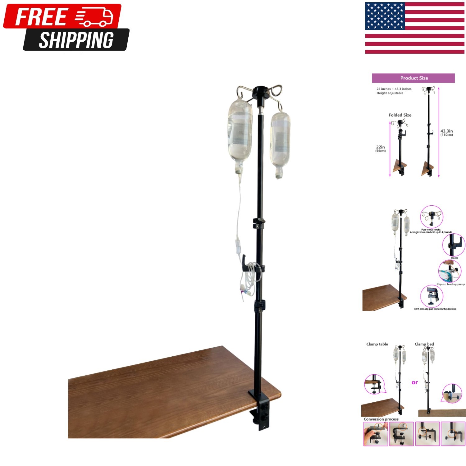 Table IV Pole, Portable Poles for Travel, Foldable Pole Black With Hook
