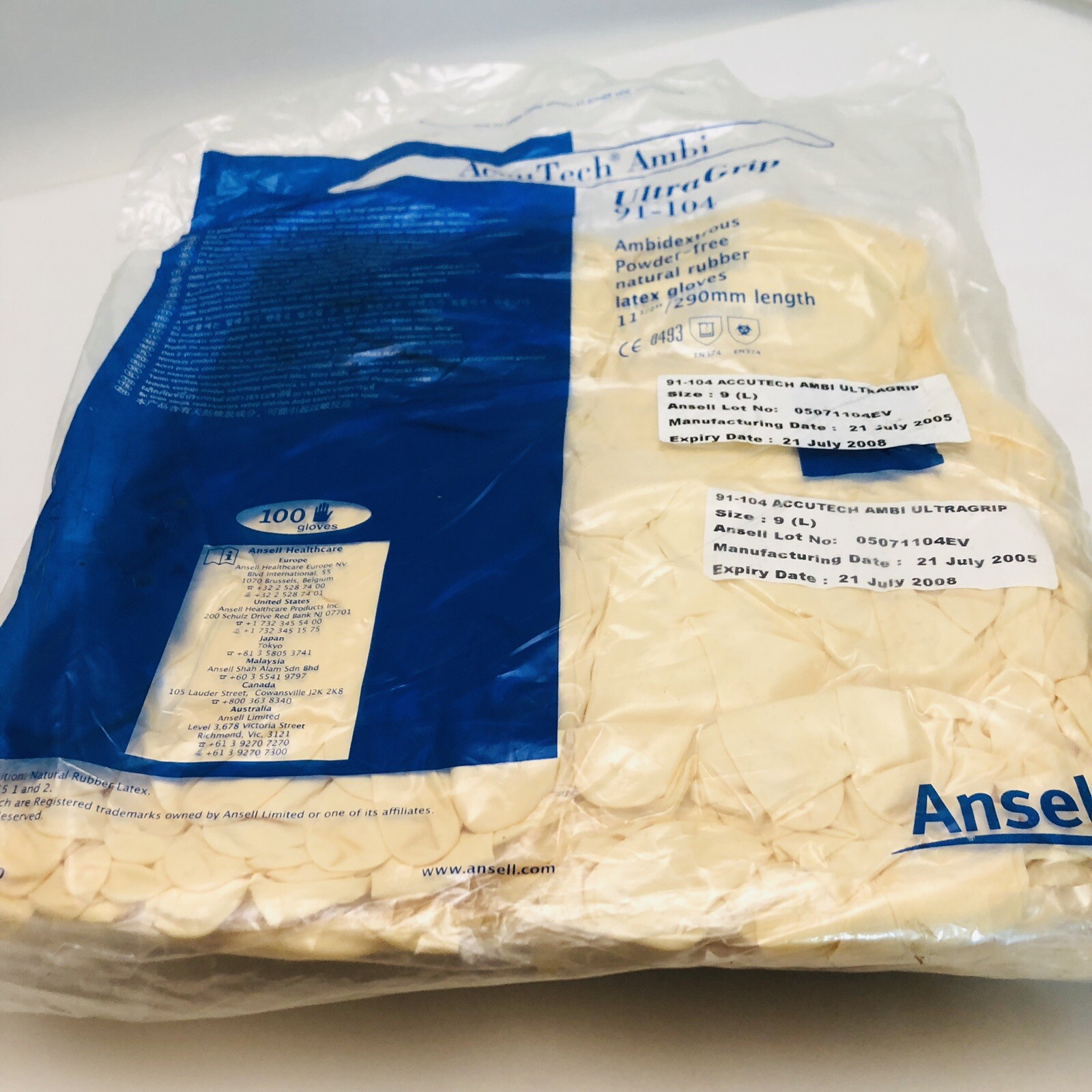 Ansell Ambidextrous Natural Rubber Latex Gloves Large UltraGrip 11.5″ Long