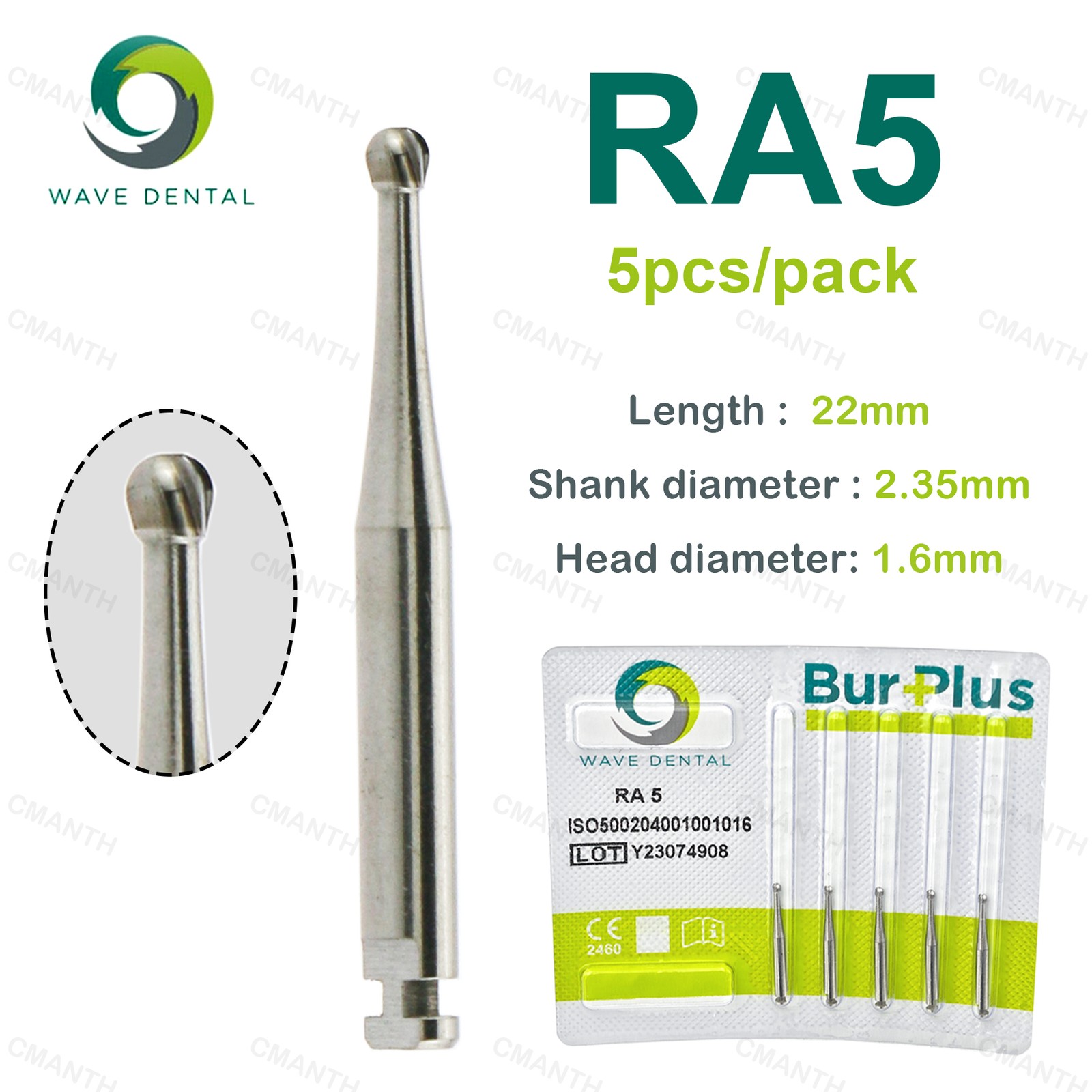 WAVE Dental Tungsten Carbide Burs Round Head RA Low Speed Burs Dia 2.35mm 5Pcs
