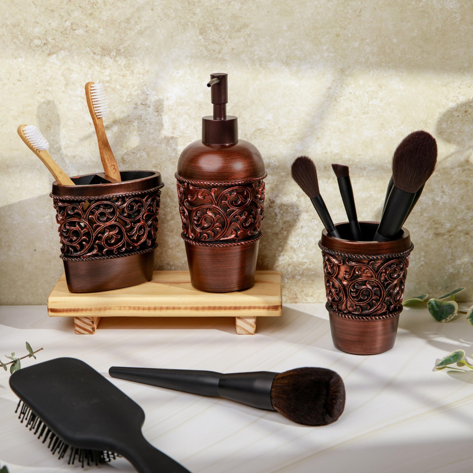 Essentra Home 4-Piece Bronze Bathroom Accessory Set Complete Set Includes