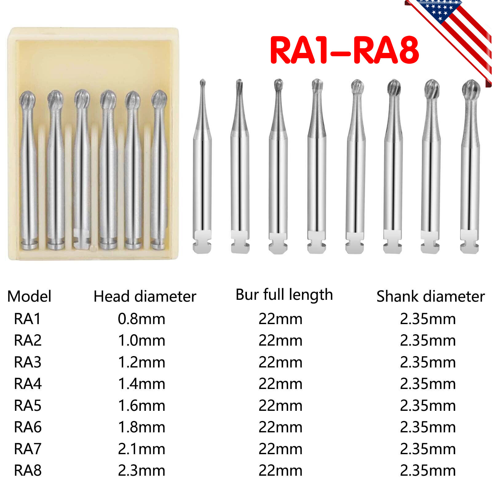 5 Pcs/Pack Dental RA Round Carbide Bur For Slow Speed Latch Type RA 1#-8# po