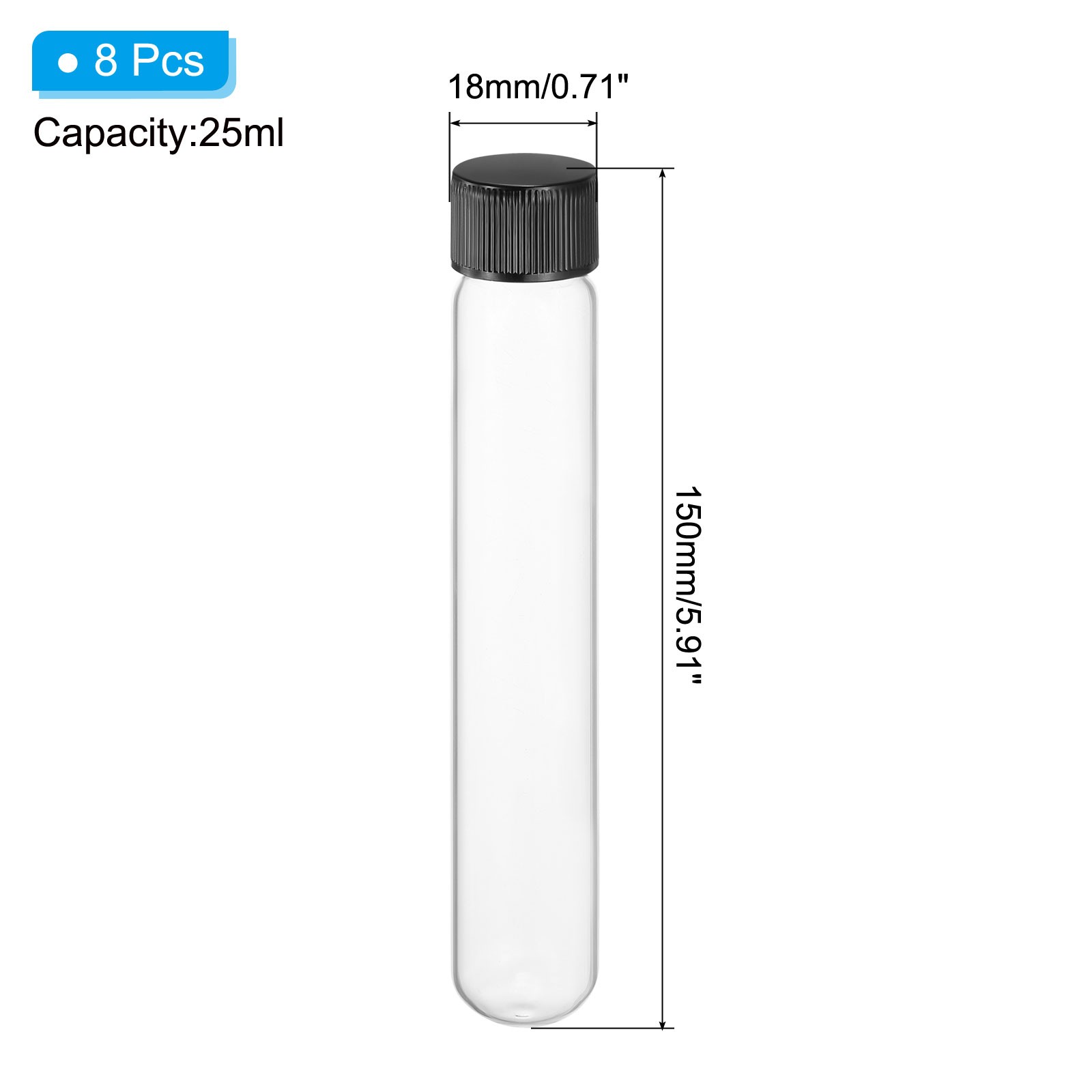 25ml Test Tubes with Caps, 8pcs Glass Test Tubes Clear Test Tube, 18mmx150mm