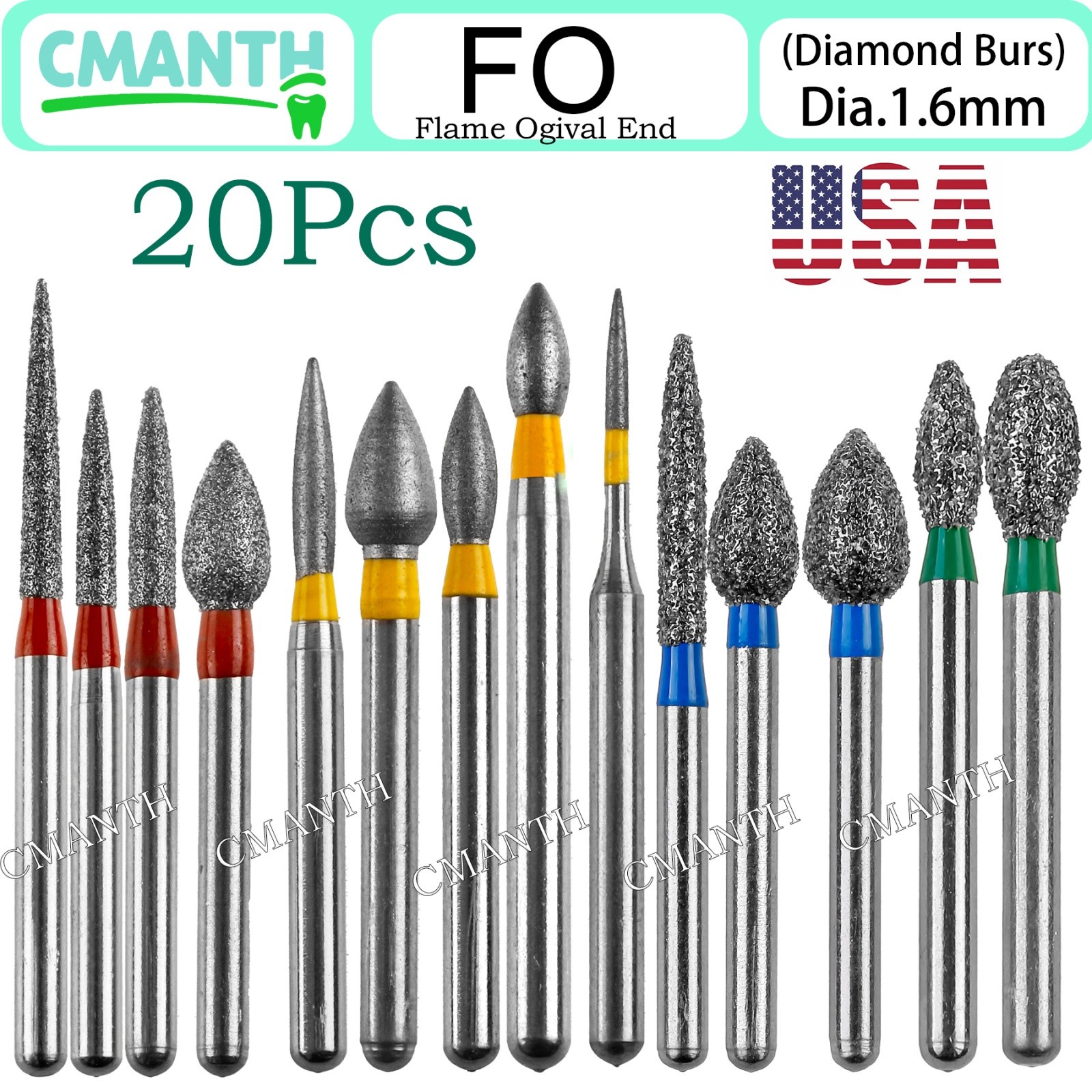 US Dental Burs FG High Speed Diamond Burs Dental Lab Polishing Tools 1.6mm 20pcs