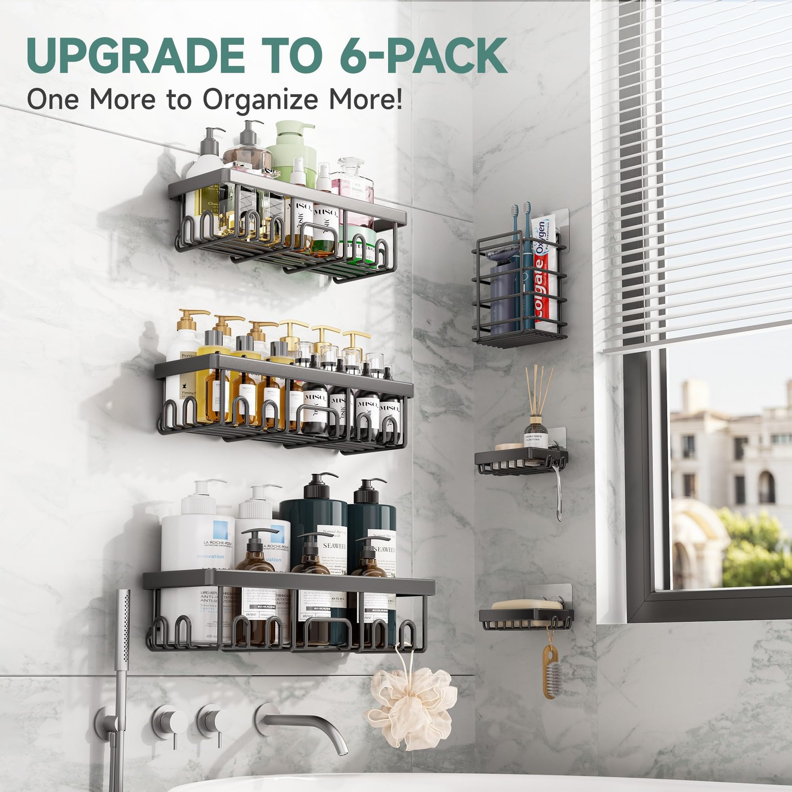Veken Shower Caddy 6-Pack – Rustproof, No Drill Adhesive Shelves + Soap Holder