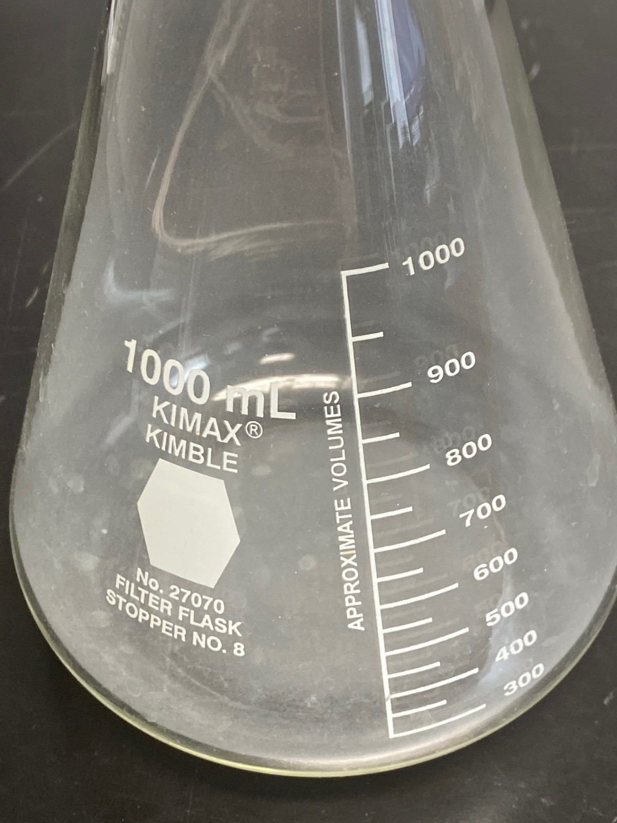 Used KIMAX Glass 1000mL Graduated Erlenmeyer Filter Flask w/Sidearm 27070-1000