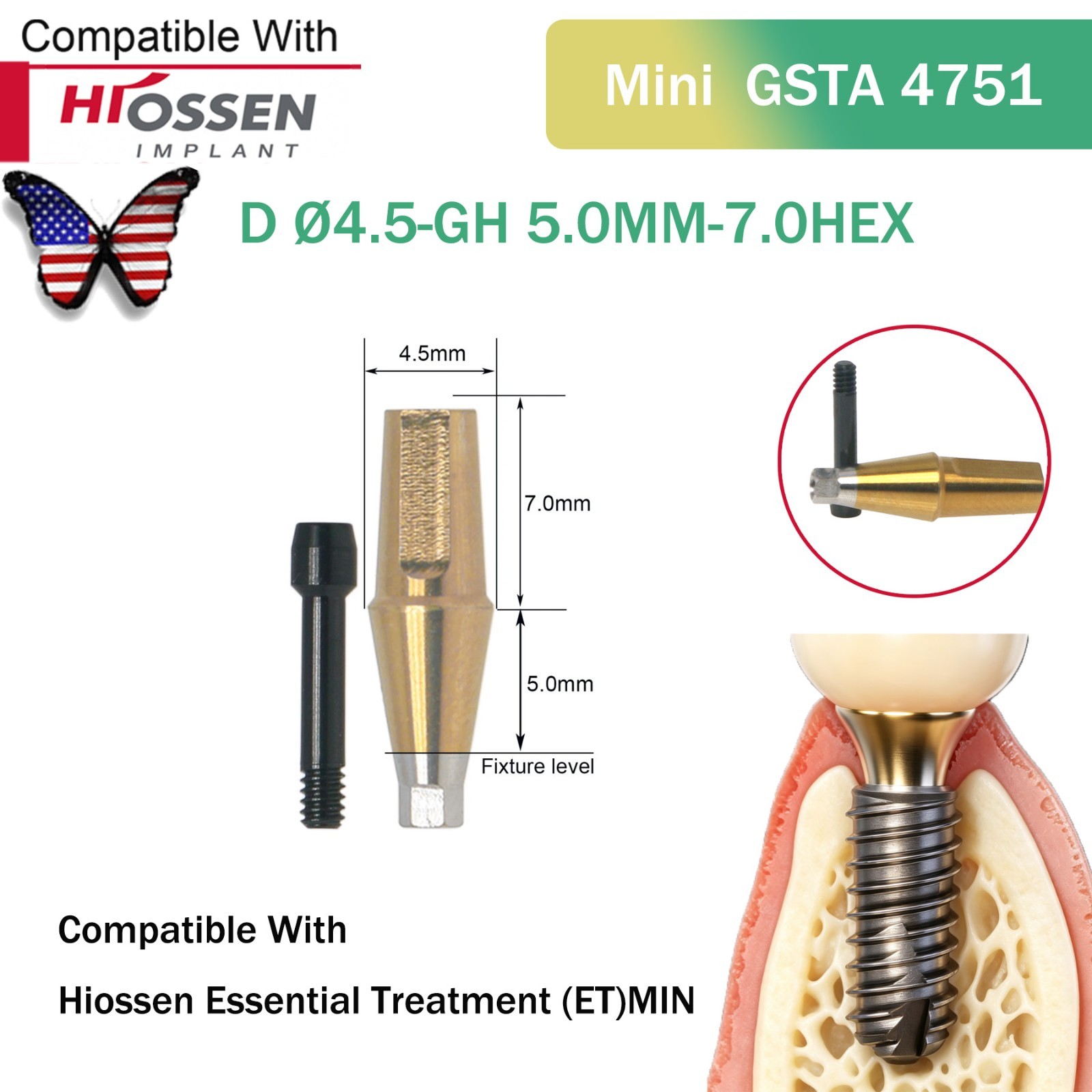 US Dental Straight Abutment Hiossen ET Osstem TS Ti Mini Regular Platform Hex
