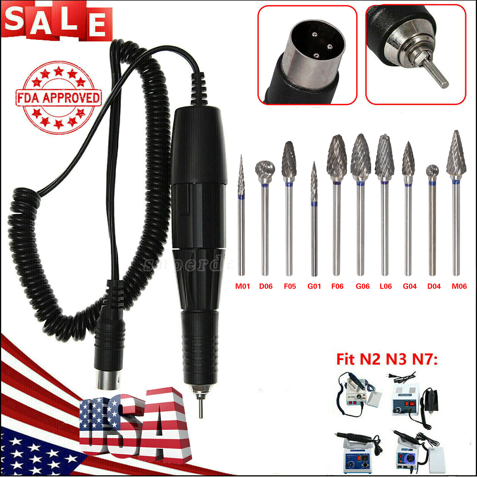 Dental Lab Marathon Micromotor Polishing Handpiece 35K RPM /Tungsten Drill Burs