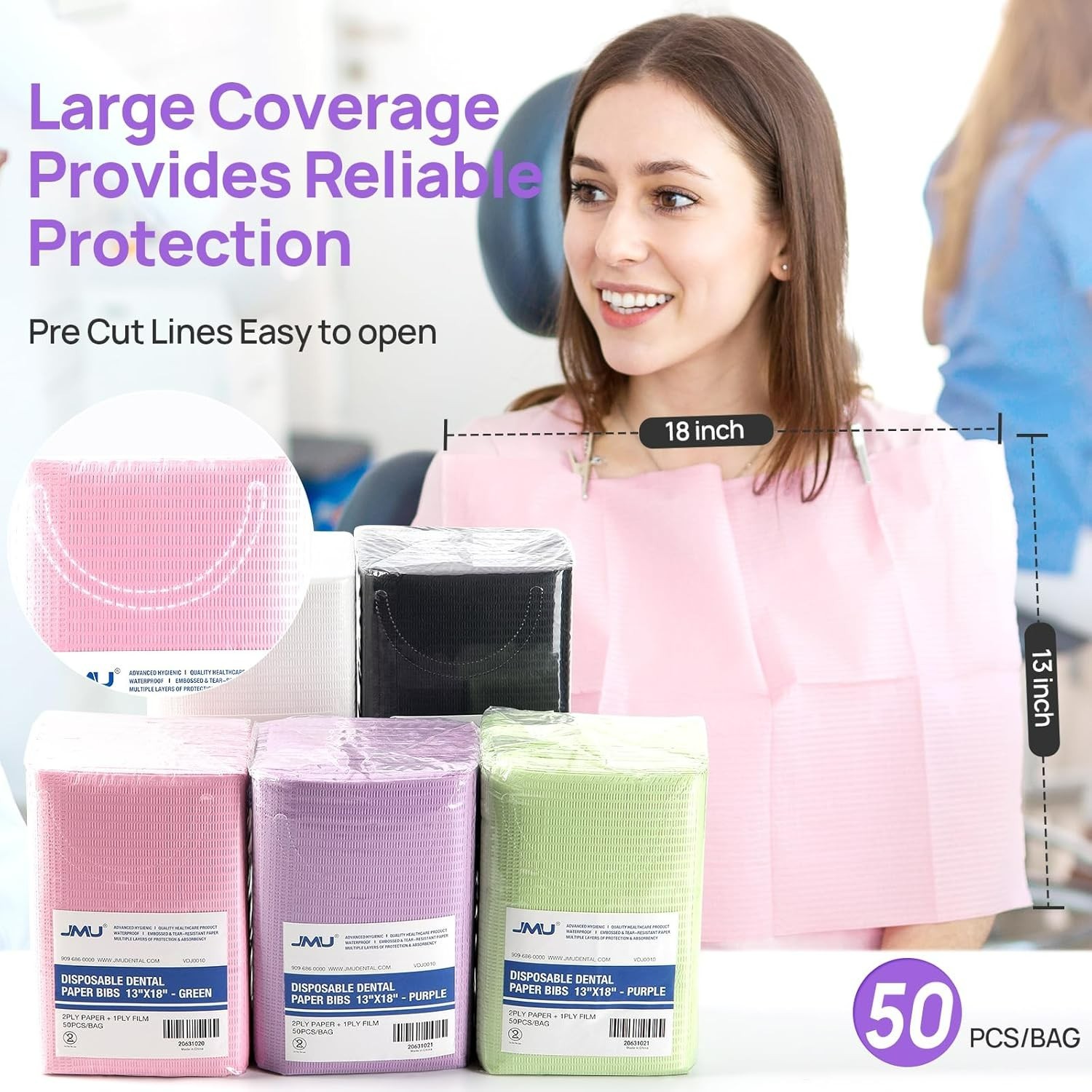 Dental Bibs, Purple, 50 Pieces, Disposable,13″ x 18″ 2-Ply Paper 1-Ply Film D…