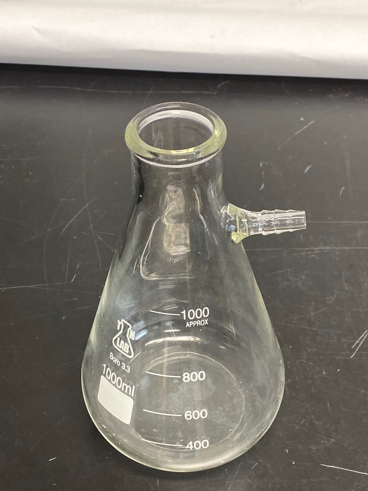 Used Lab 1000mL Heavy Wall Graduated Glass Erlenmeyer Filter Flask w/Sidearm