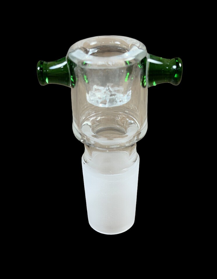 Clear Male Glass Bowl piece With Built in Ashcatcher Green Thumb Nubs