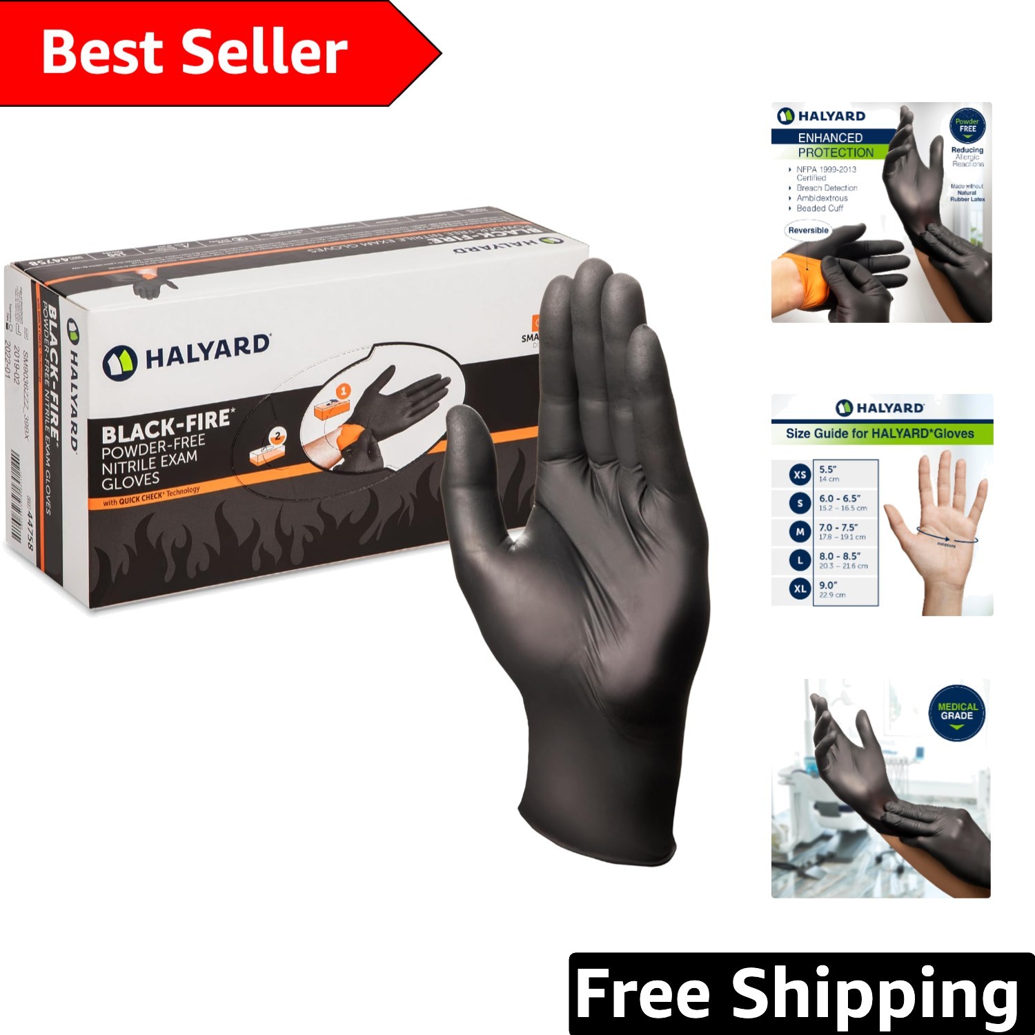 Halyard 5.5 Mil Black/Orange Nitrile Gloves – Waterproof, Disposable, 150 Count