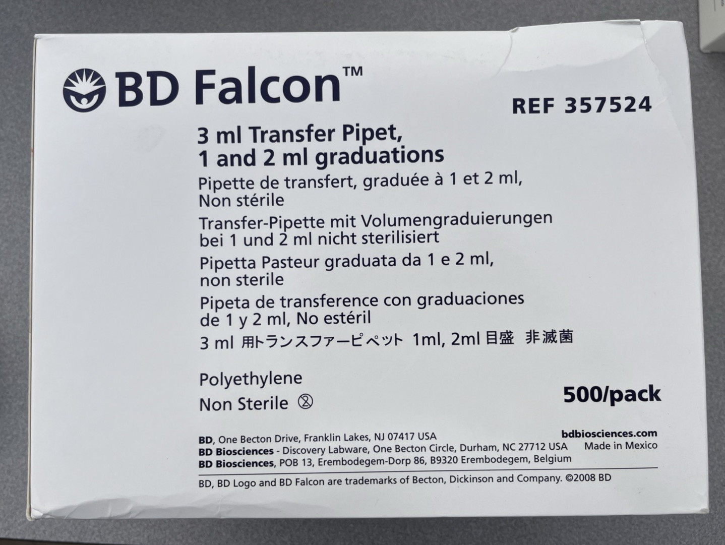 Case of 500 Corning Falcon 357524 3 ml Transfer Pipette 1 & 2 ml Graduations