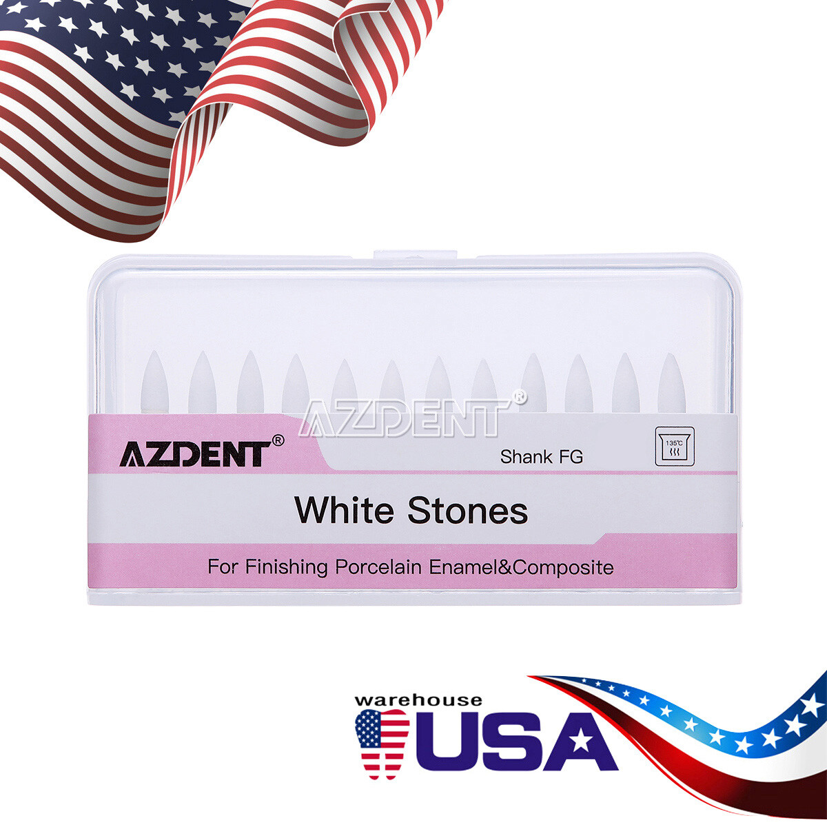 AZDENT Dental White Stone Polishing Burs FG Flame Mounted Abrasion Point Burs