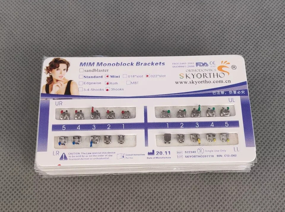Dental Orthodontic Metal Bracket MIM Monoblock Mini Roth 022 3 Hooks Mesh Base