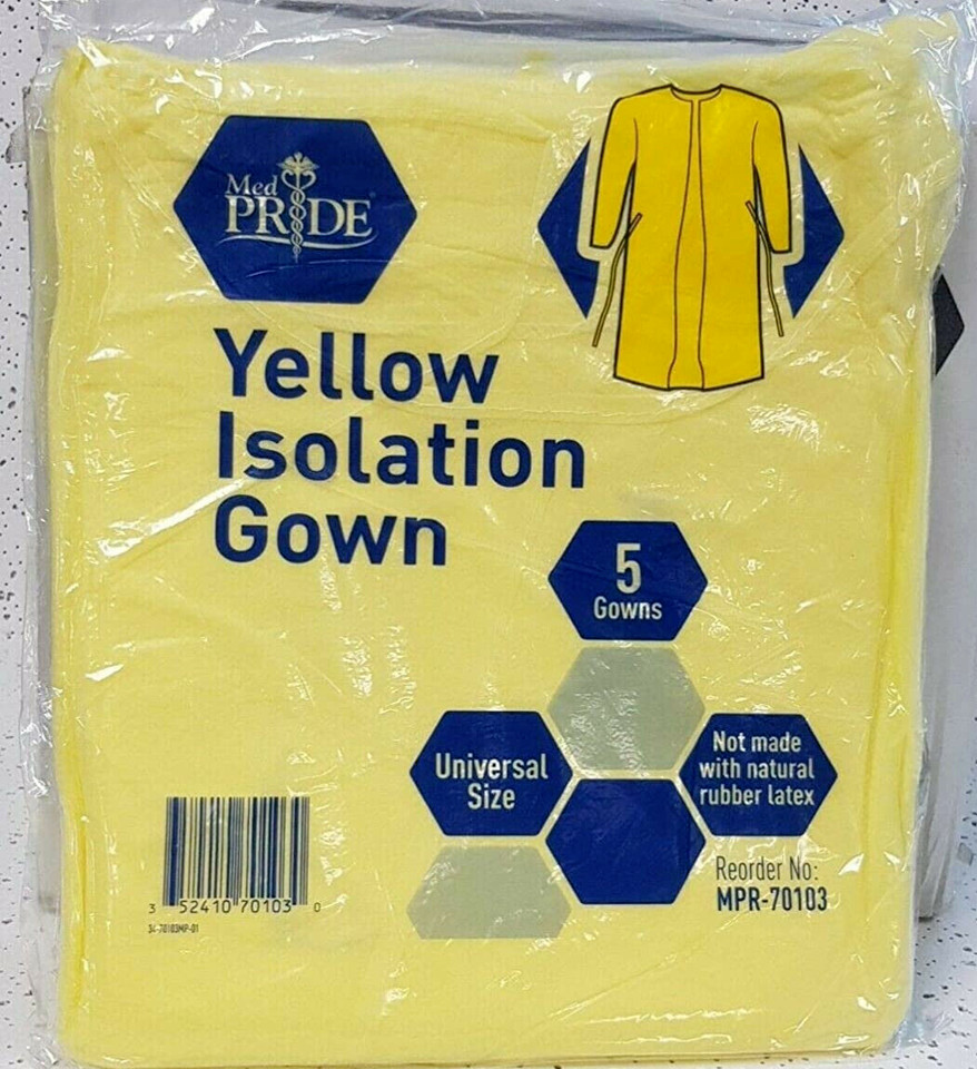 MedPride Disposable Isolation Gowns Yellow, Universal (50 Pcs/Cs ) 5/Bg/10Bg/Cs