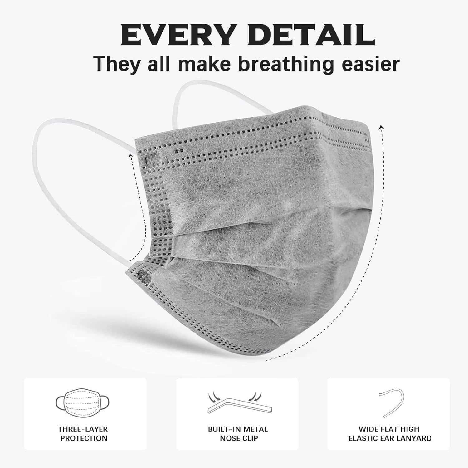 50 Pack – 3-Ply Gray Disposable Face Mask Ear-loop Mouth Cover USA Seller