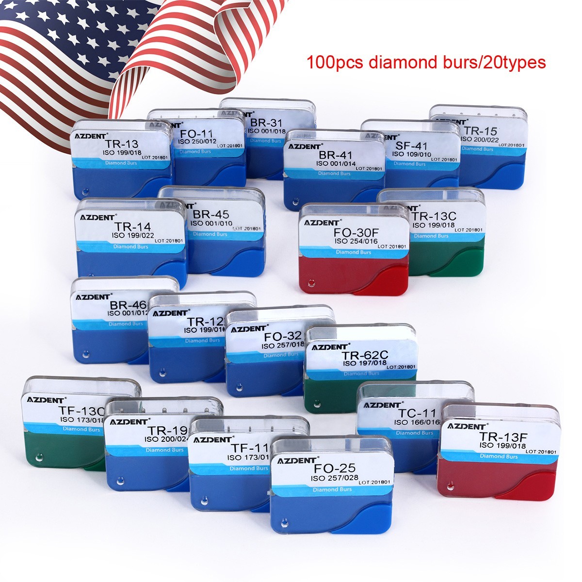 100Pcs 20Types Dental Diamond Burs for High Speed Handpiece Medium Friction Grip