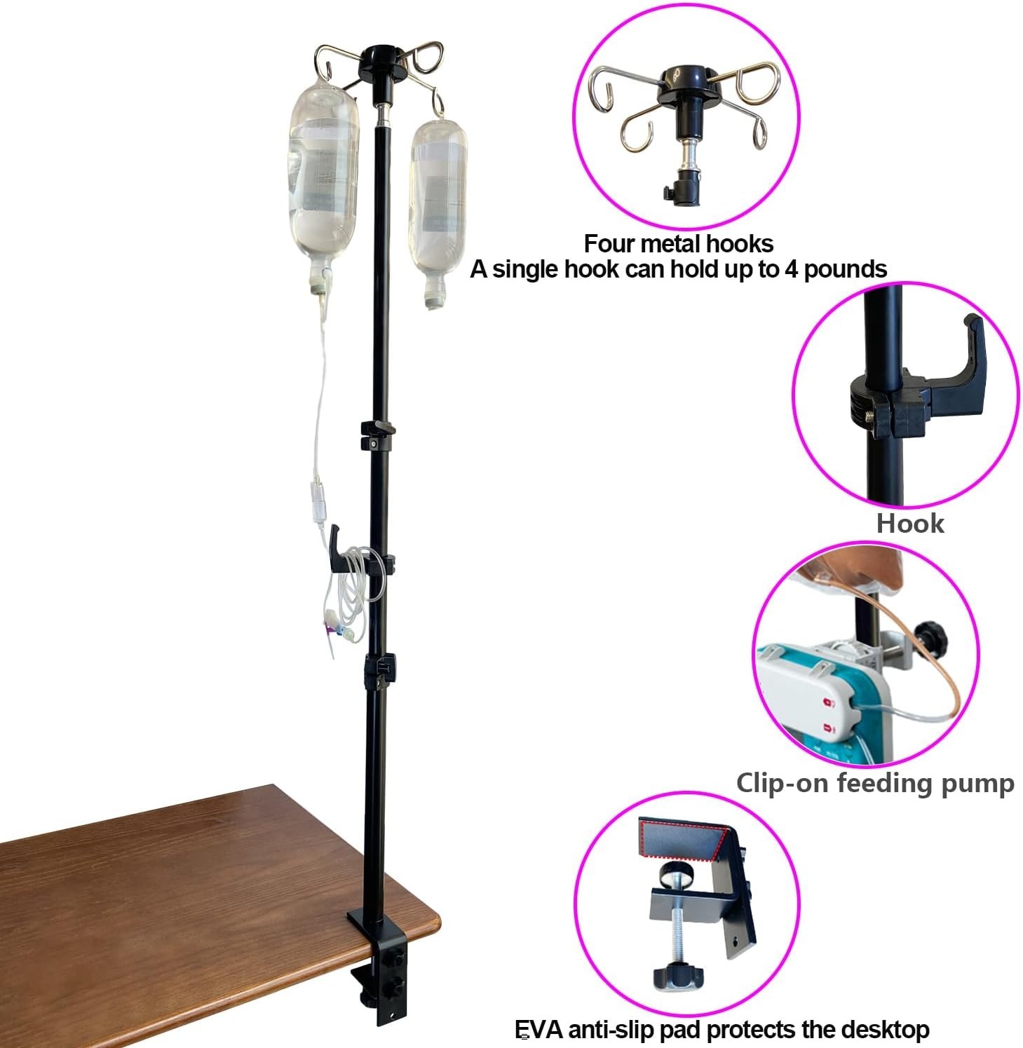 Table IV Pole, Portable Poles for Travel, Foldable Pole Black With Hook