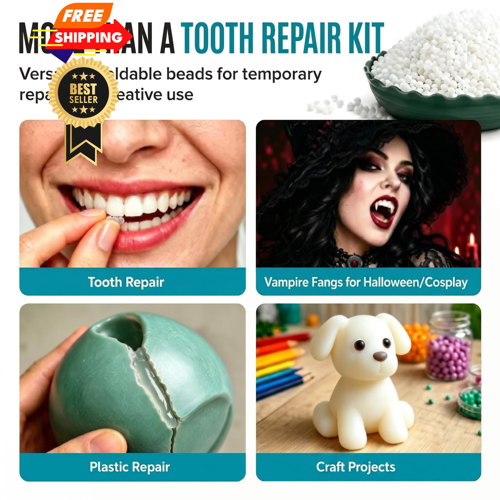 Sukh 10.9oz Moldable False Teeth Beads – Tooth Repair Kit,Repair Small, White
