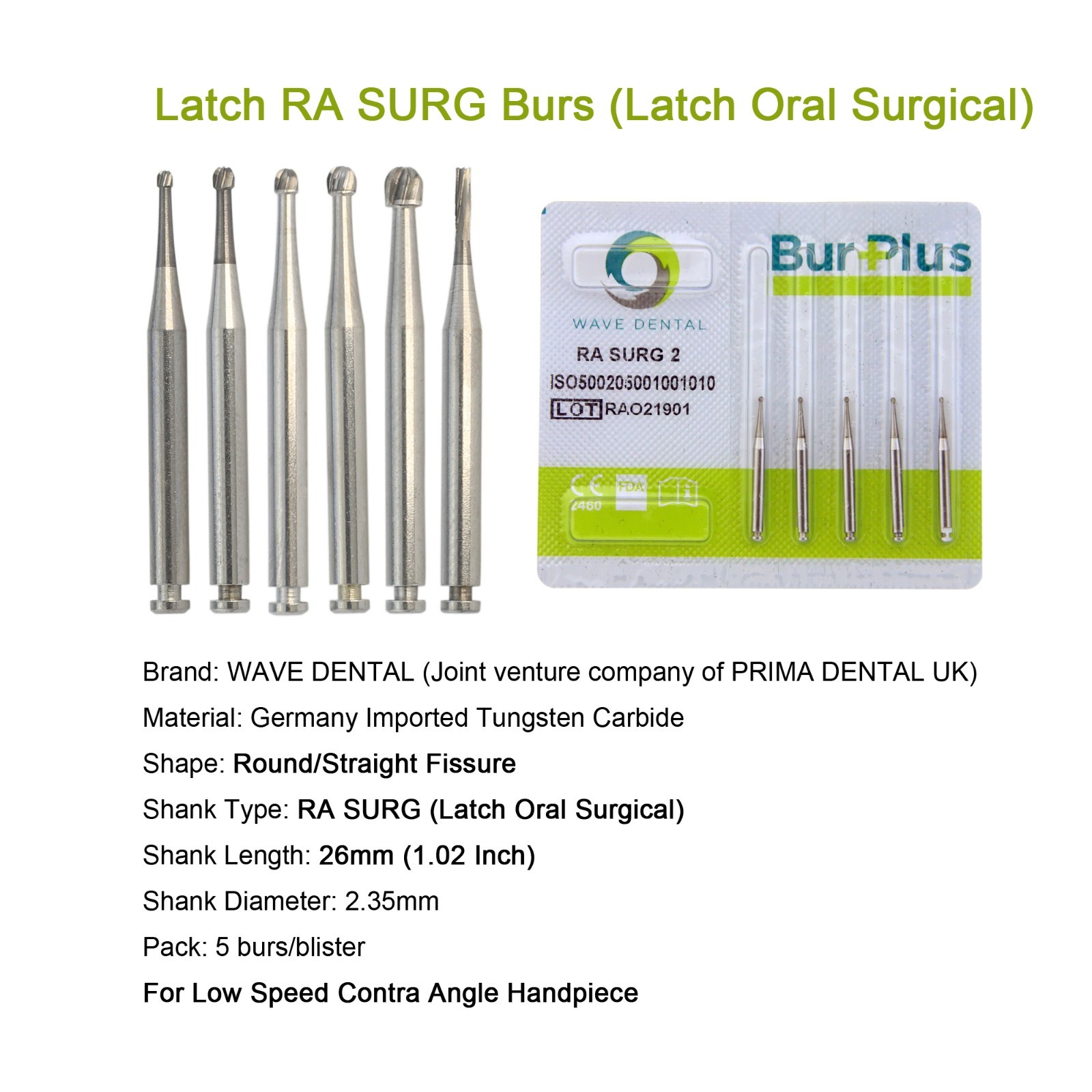 Wave Dental Latch Carbide Burs Surgical RA SURG for Slow Speed Round RA 4 6 8 5