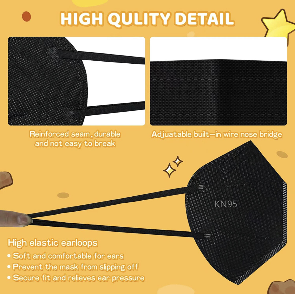 50/100Pcs Black KN95 Protective 5 Layer Disposable Face Mask BFE95% For Big Kids