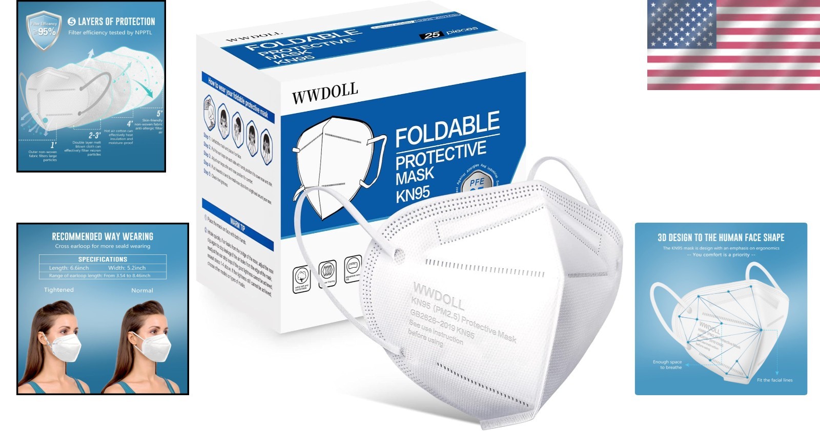 Comfortable 5-Layer KN95 Masks – 25 Pack, Adjustable Fit for Everyday Use