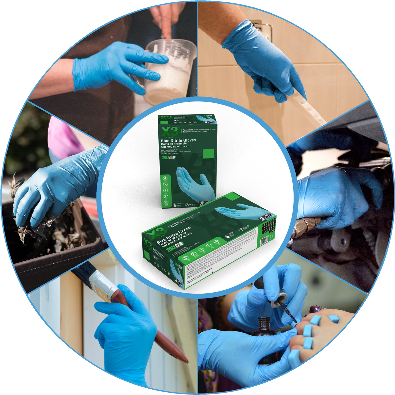 X3 Blue Nitrile Disposable Industrial Gloves 3 Mil Latex-Free/Food-Safe, 100/Box