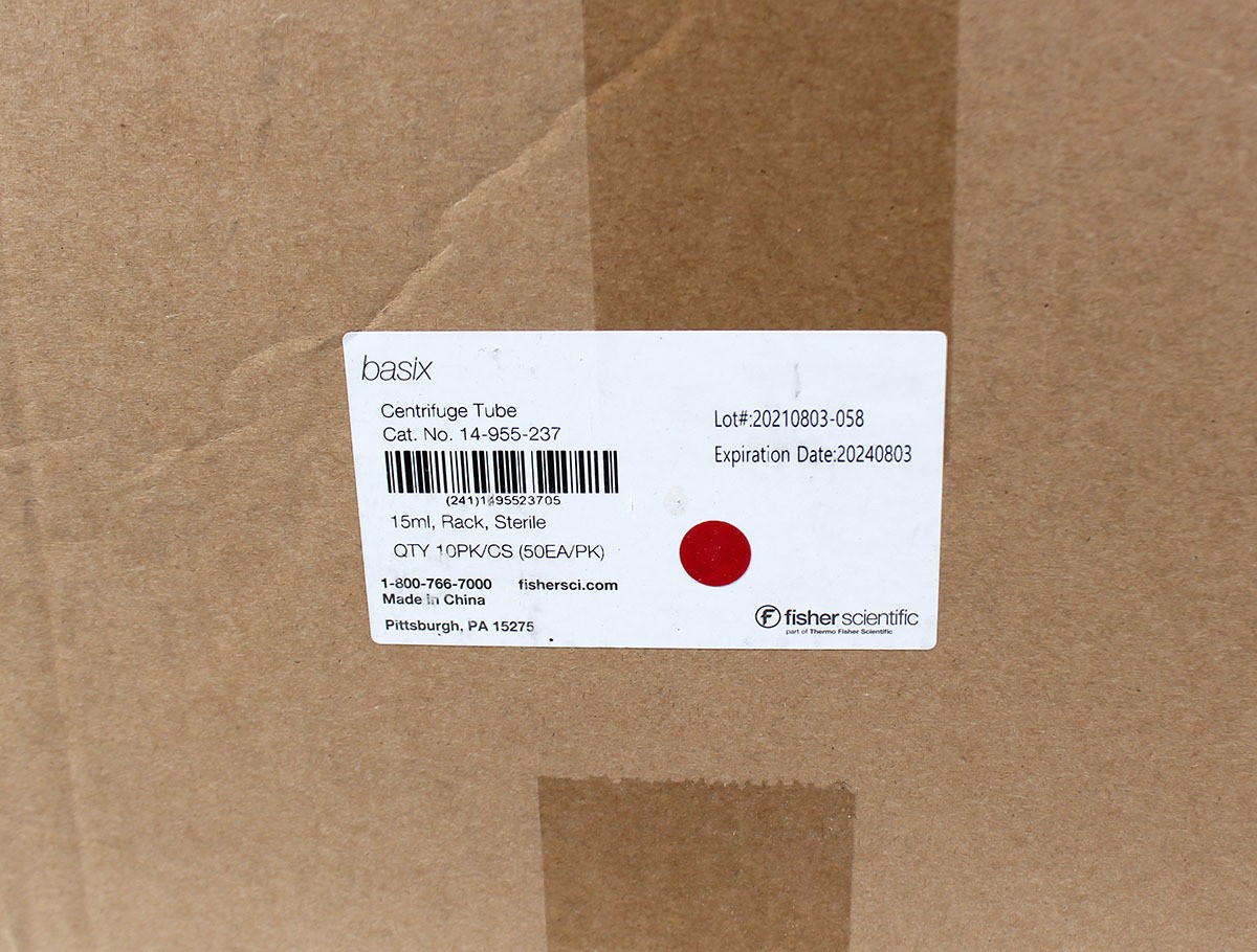Fisher Scientific 14-955-237 15mL Sterile Conical Centrifuge Tubes, 100pcs